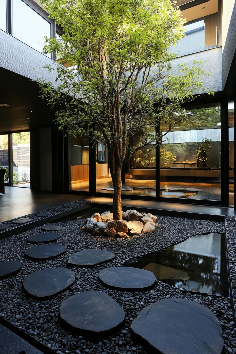 Modern house interior courtyard with tree and stone pathway