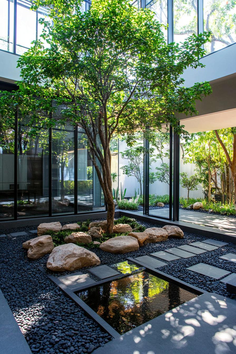 Modern house with a glass courtyard and central tree