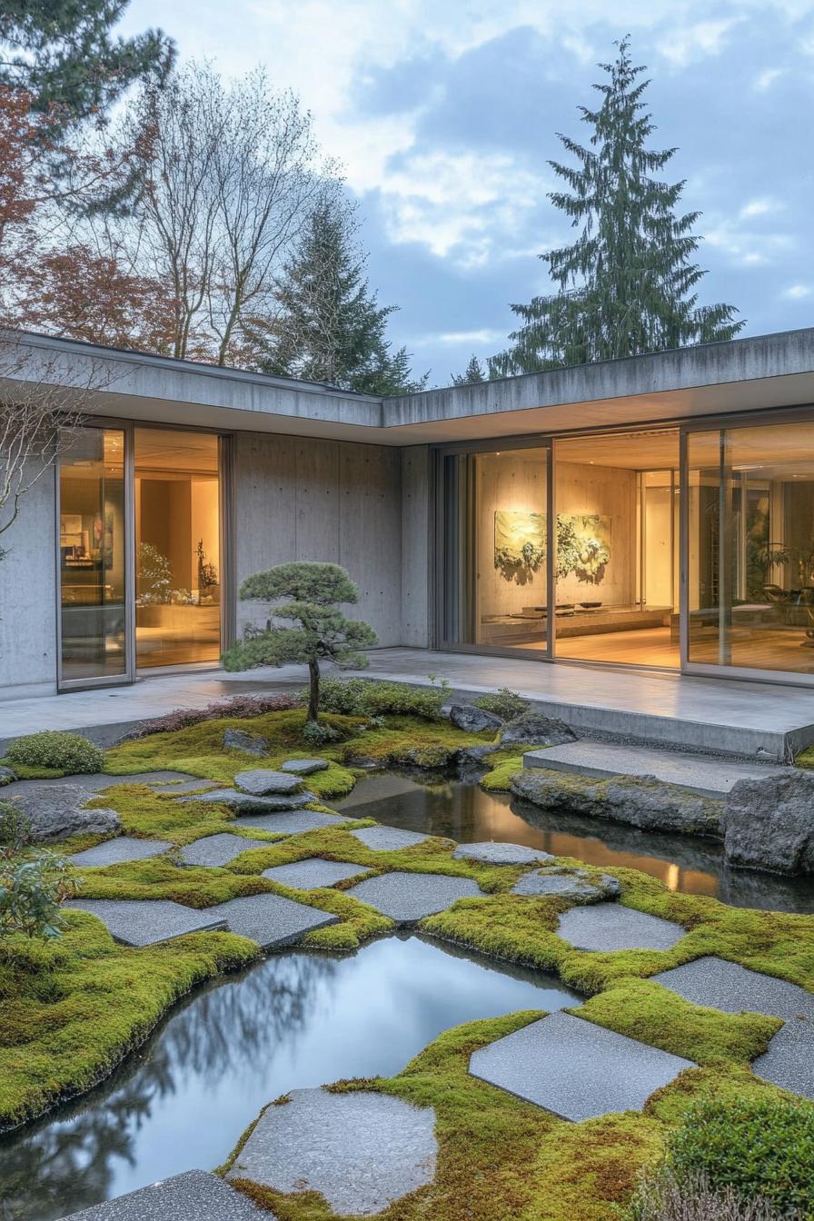 Japanese courtyard with moss garden and pond in front of a modern house