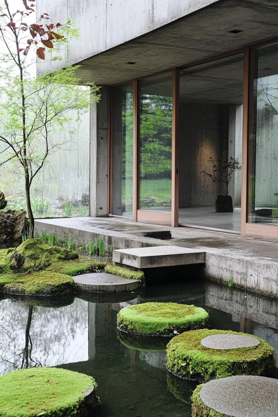 Modern Japanese house with mossy stepping stones and glass walls