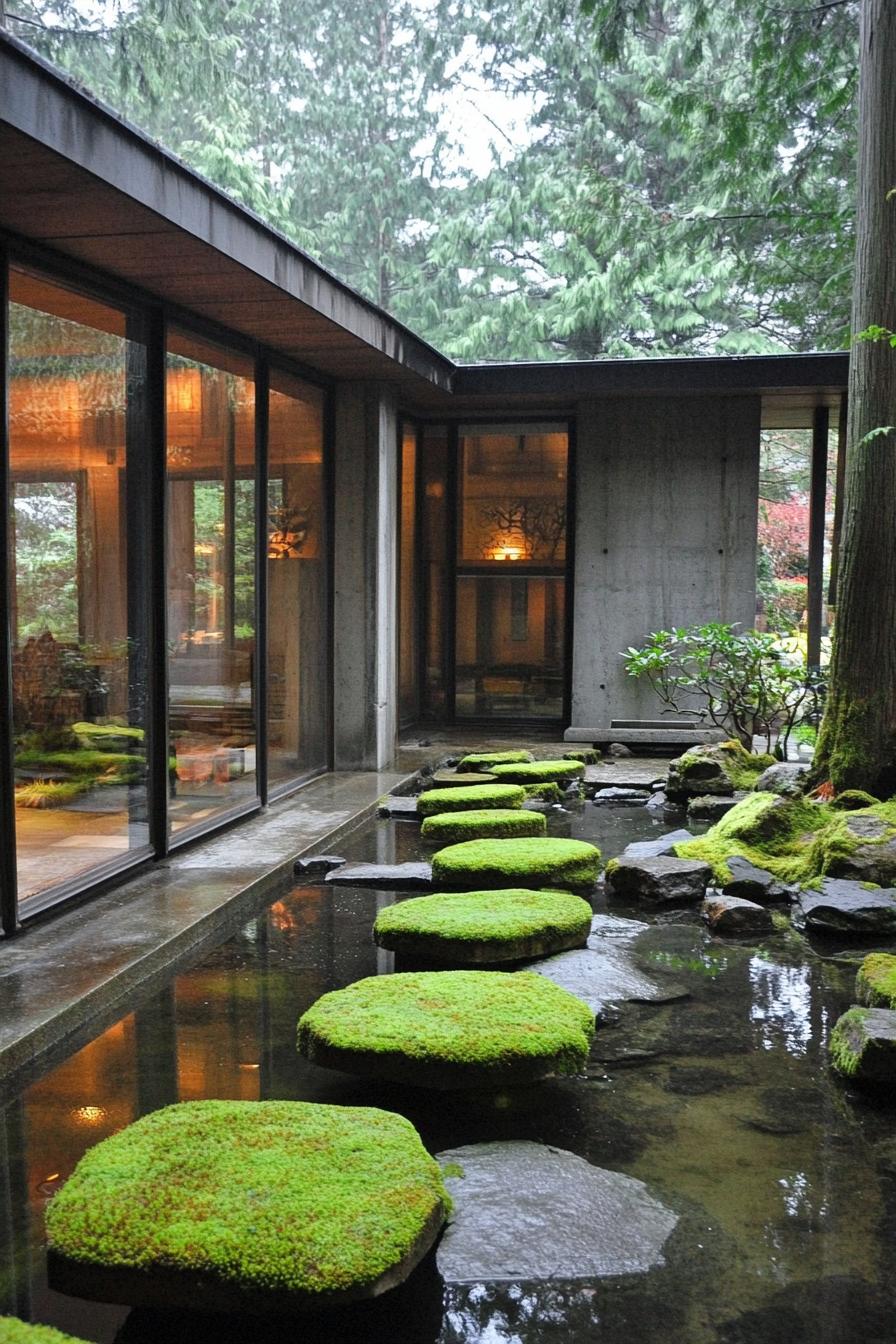 Japanese courtyard with stepping stones and lush greenery