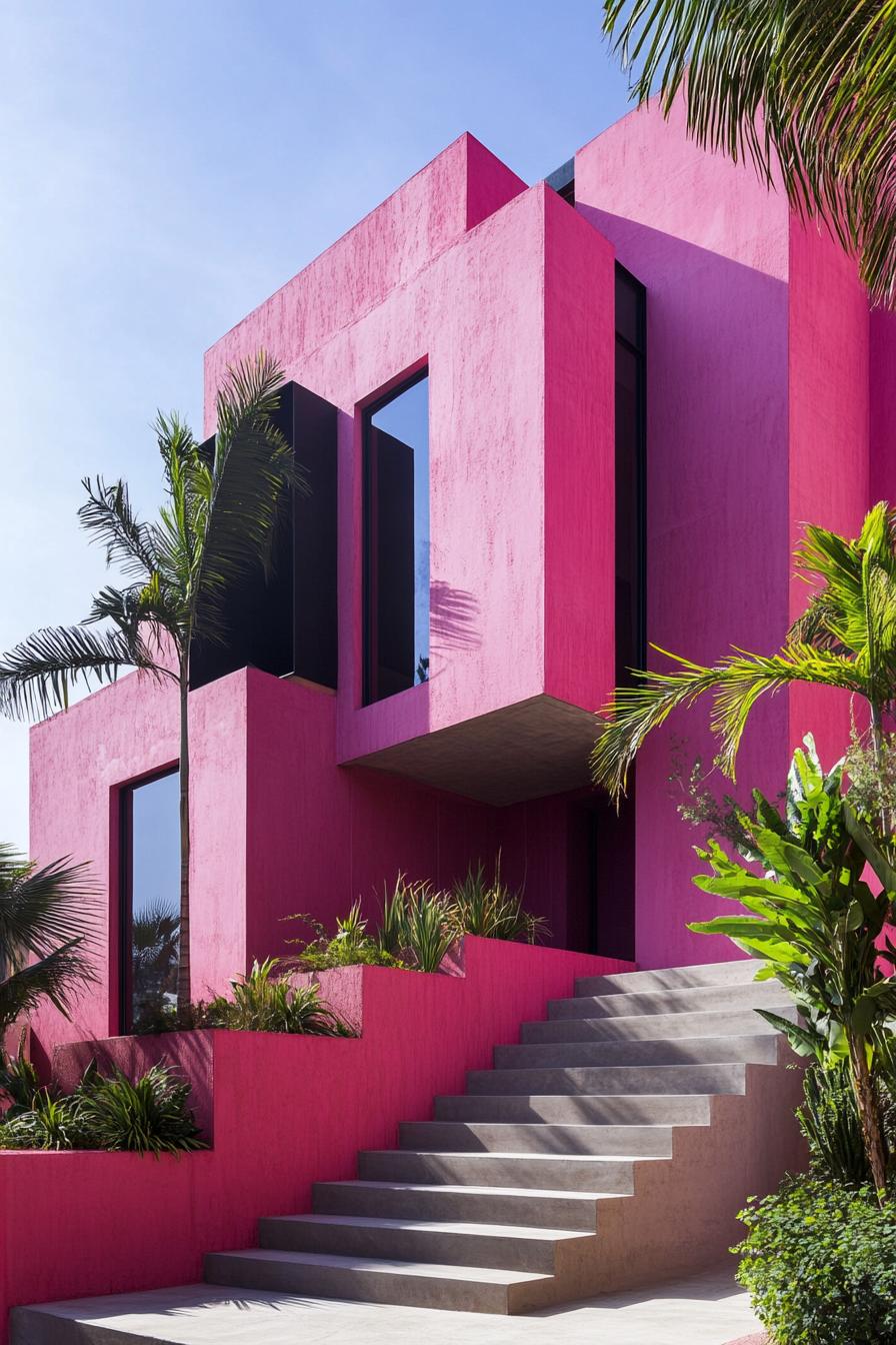 A vibrantly pink house with modern architecture and bold lines