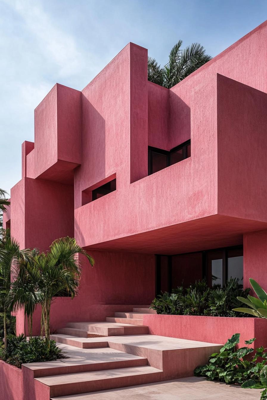 Pink geometric building with lush greenery