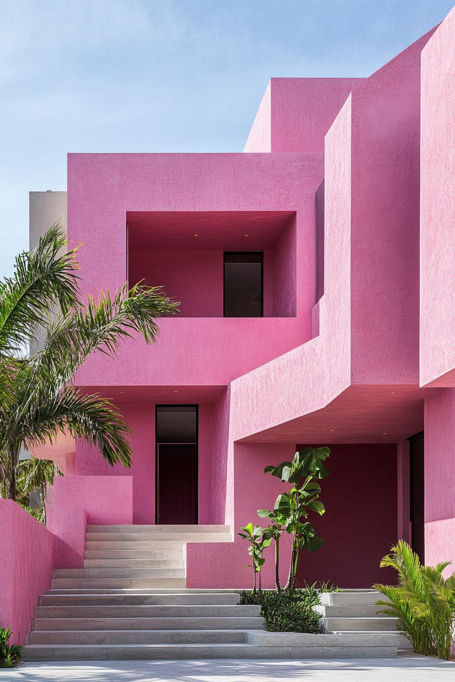 Bold pink geometric house with palm trees