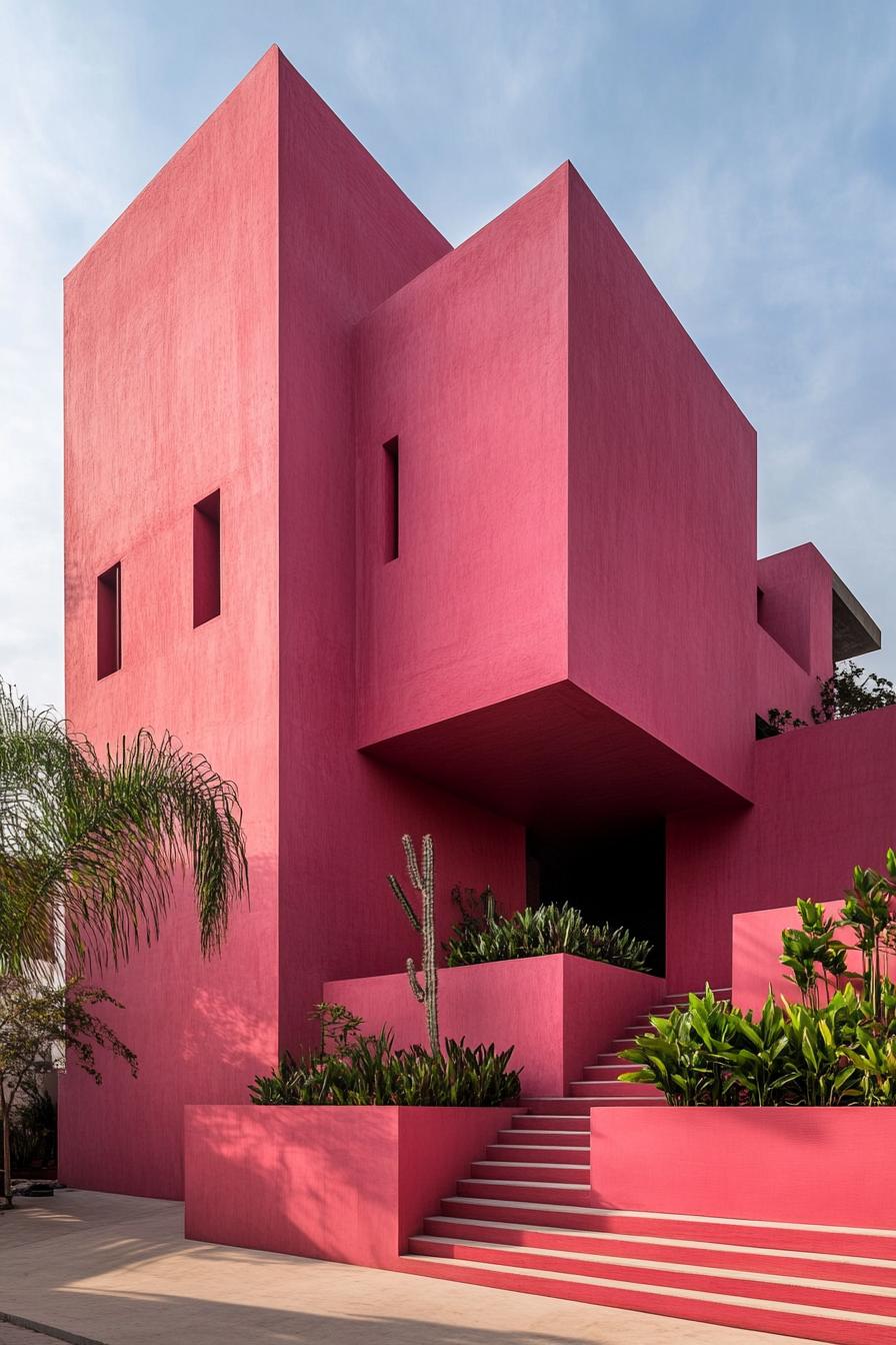 Bold pink geometric building with landscaping