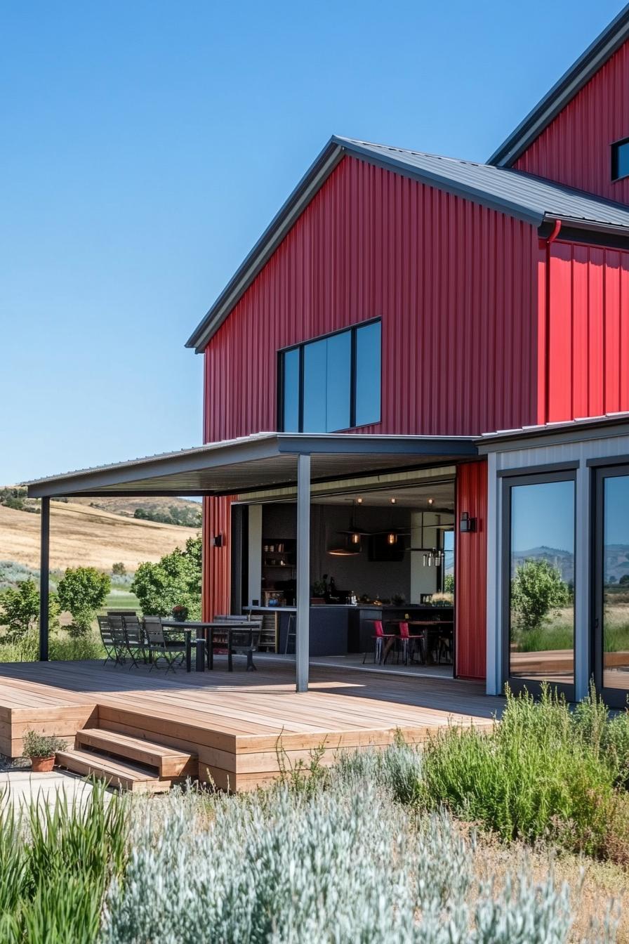 Red metal building with a patio and open kitchen