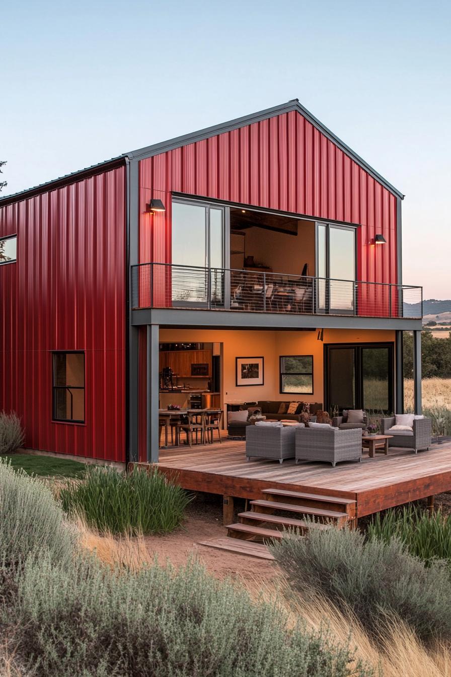 Red metal house with open deck and scenic backdrop