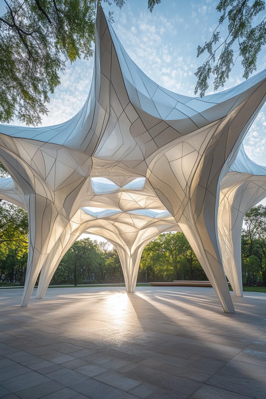 Angular pavilion structure against a blue sky