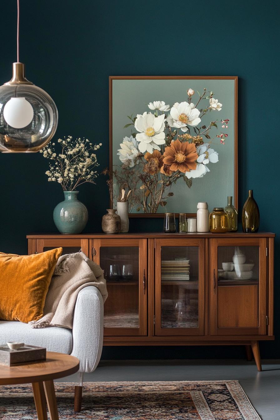 Mid-century living room with teal walls and wooden accents