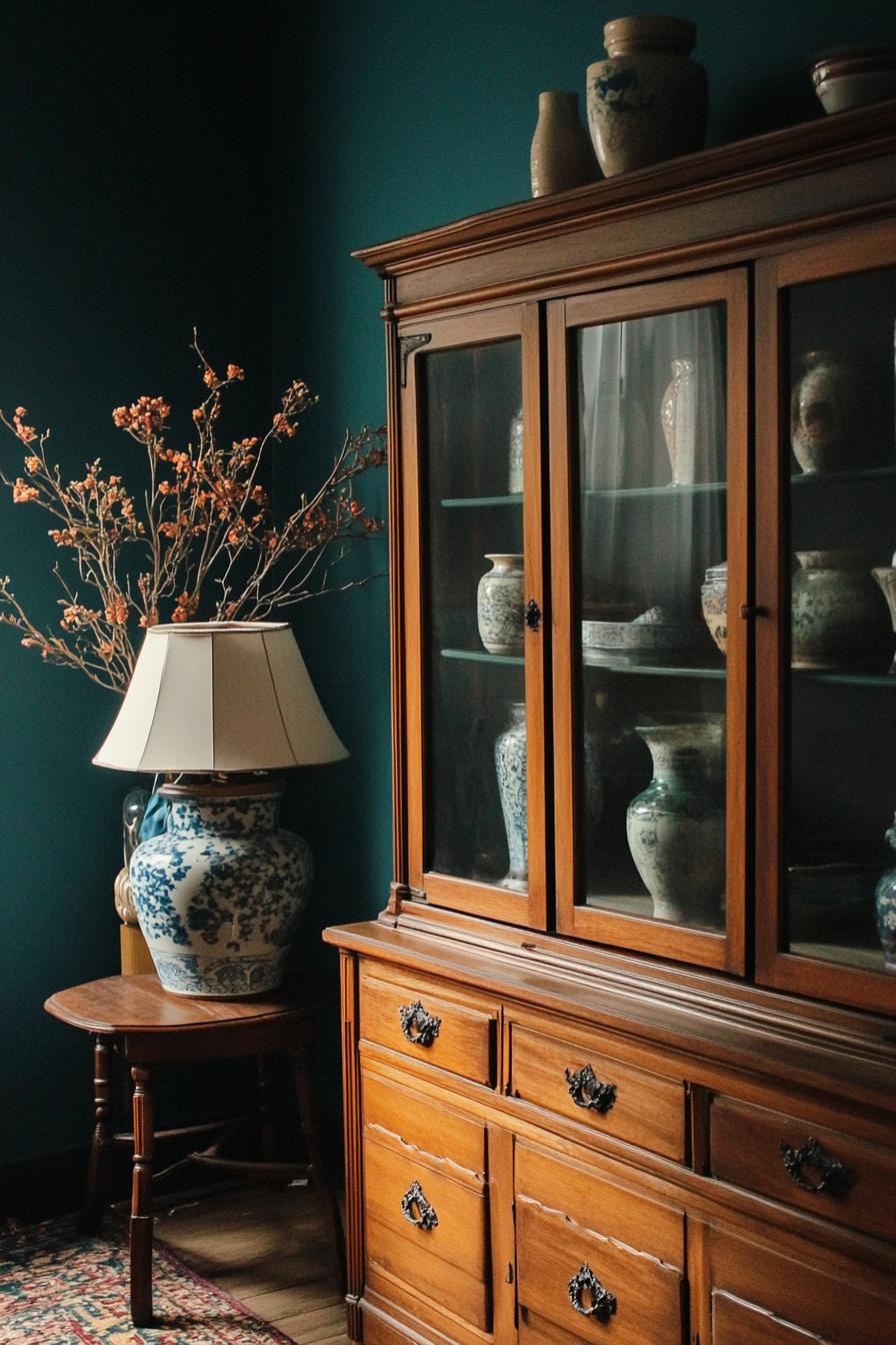 Cabinet with vases and a decorative lamp in a mid-century room