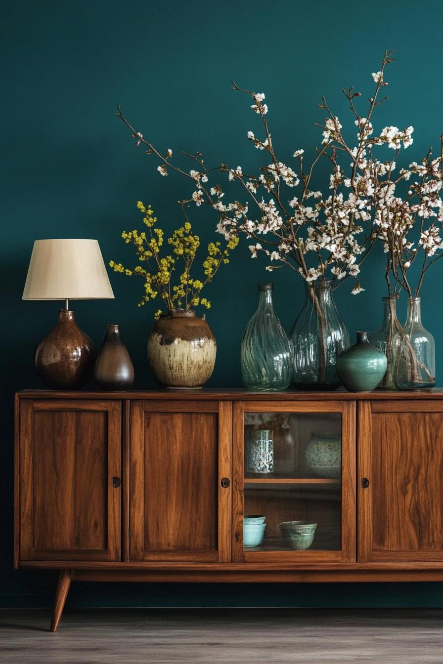 Mid-century sideboard with vases and flowers against a teal wall