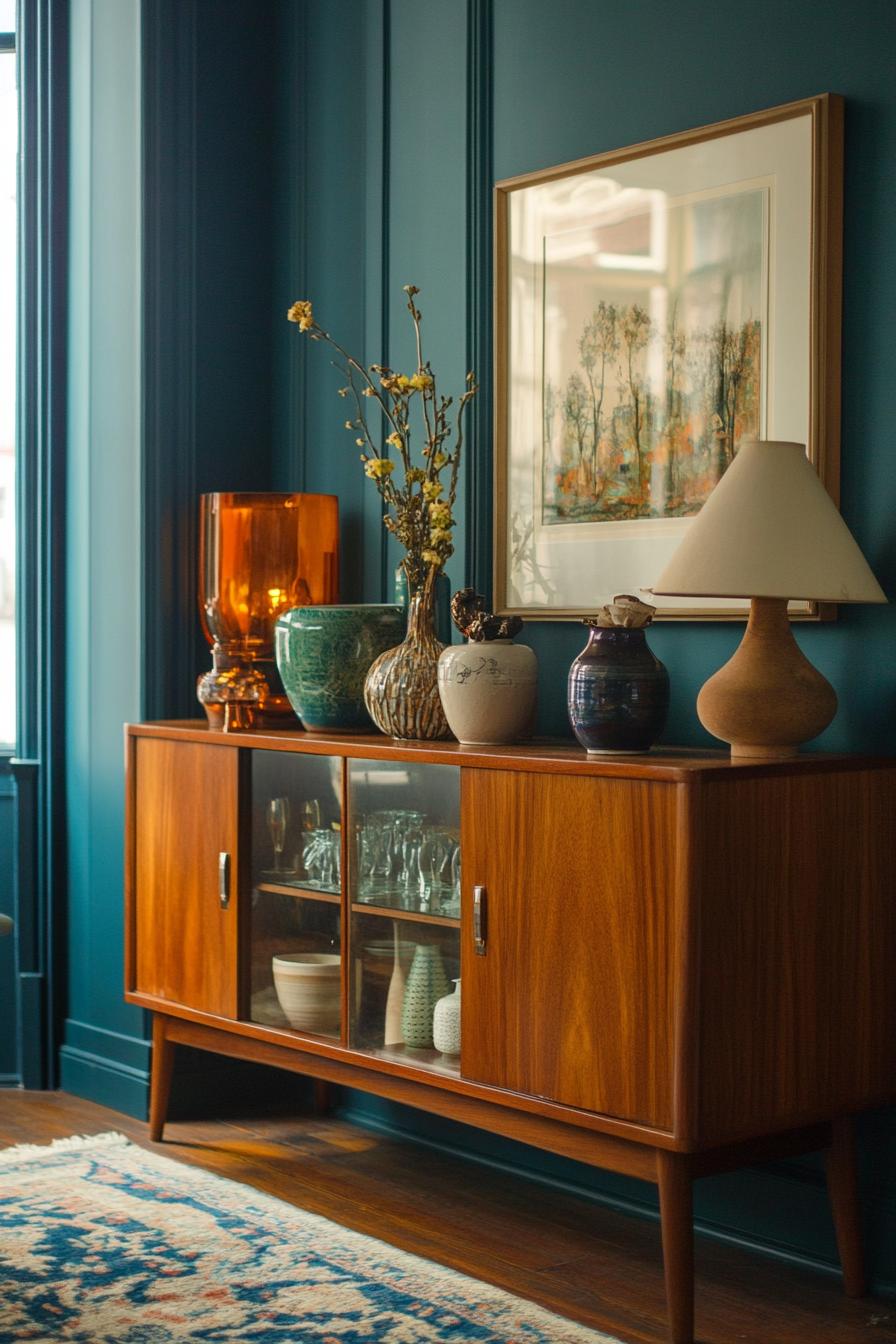 Mid-century wooden sideboard with vases and artwork