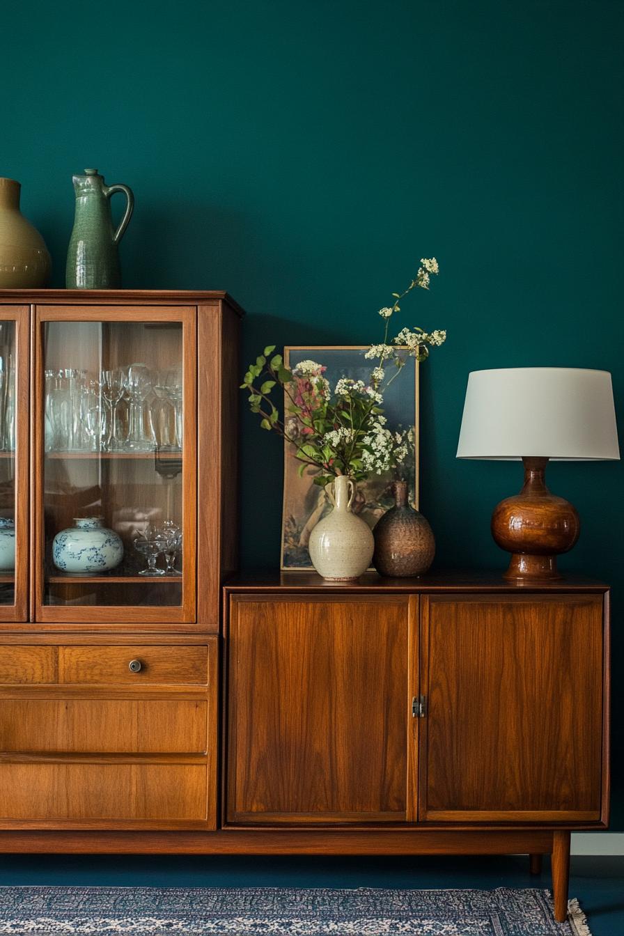 Mid-century wooden cabinet with decor items against a teal wall