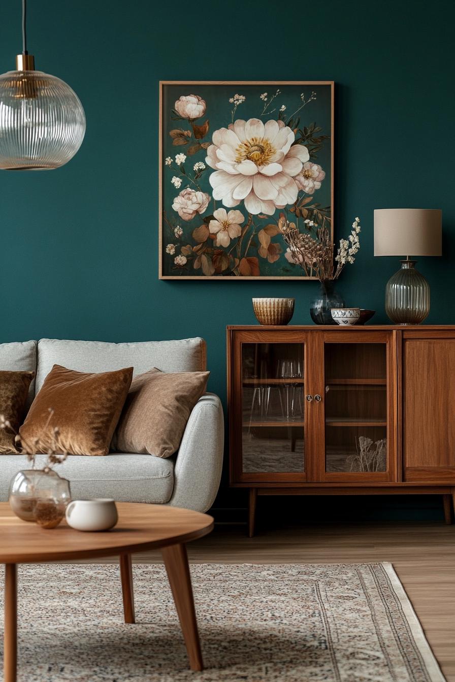 Mid-century modern living room with floral artwork and warm wood accents