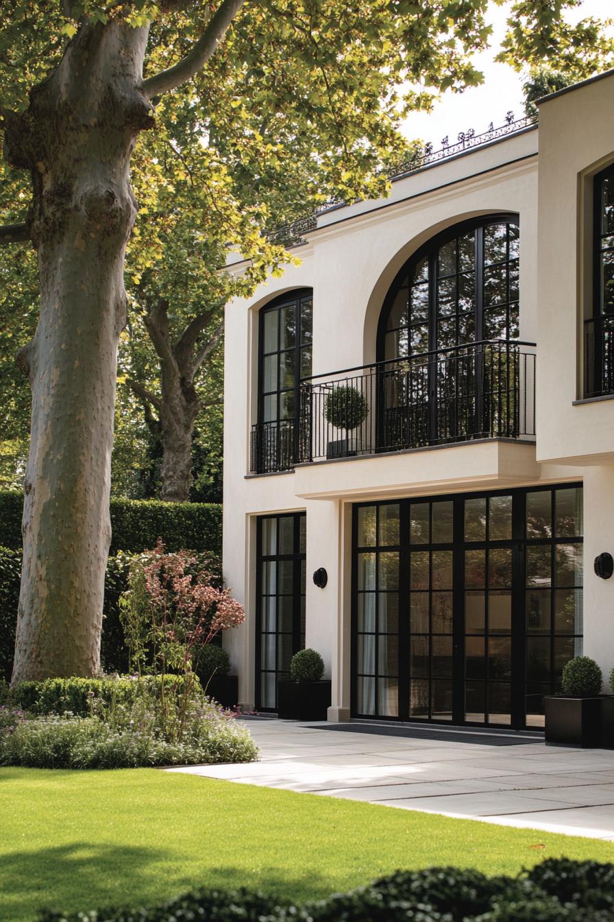 Modern house with large arched windows and a balcony