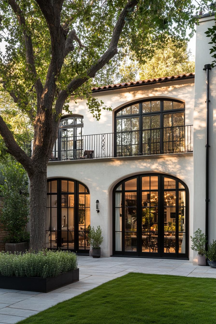 Modern house with large black-framed windows and a touch of greenery