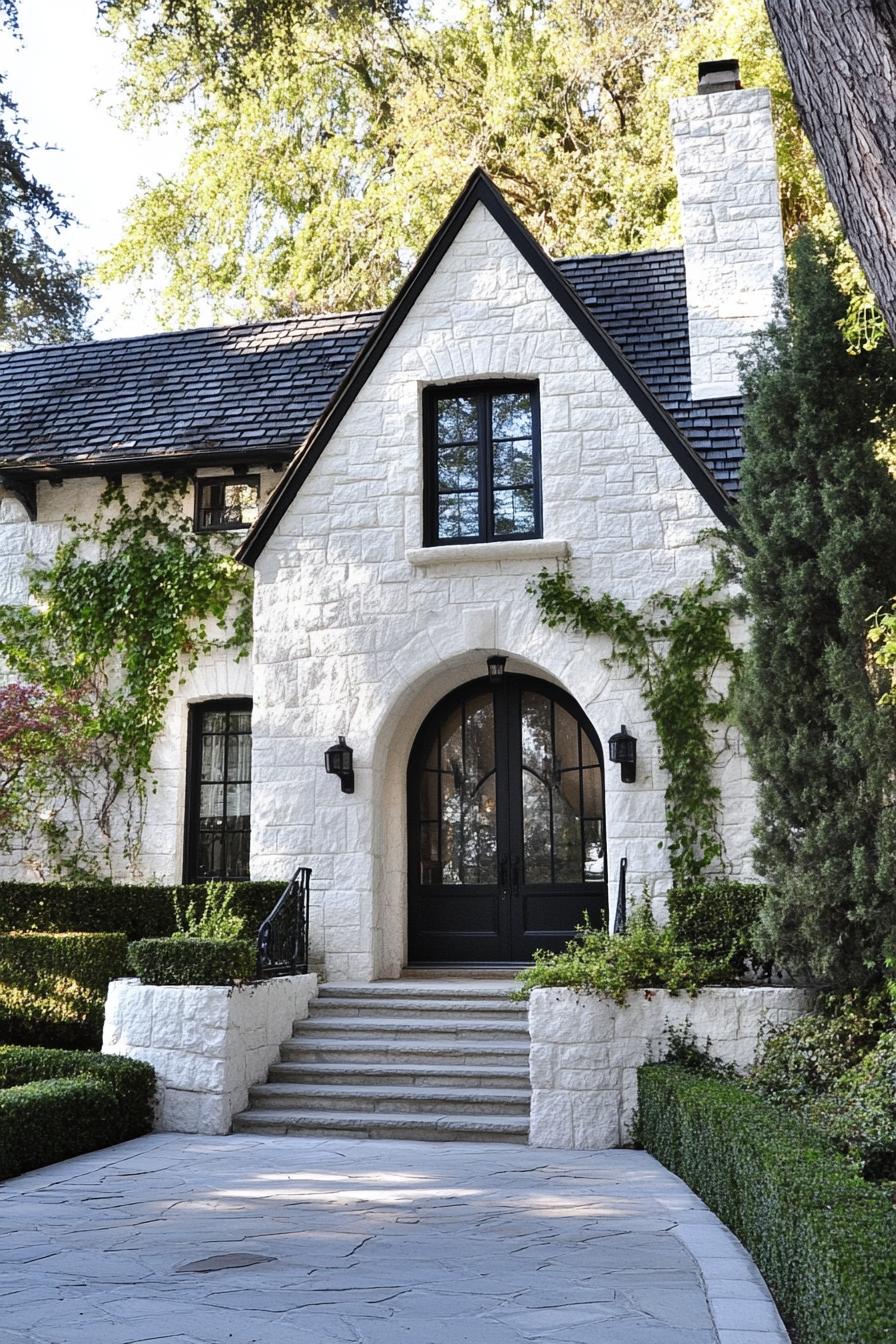 Stone house with arched entrance and climbing ivy