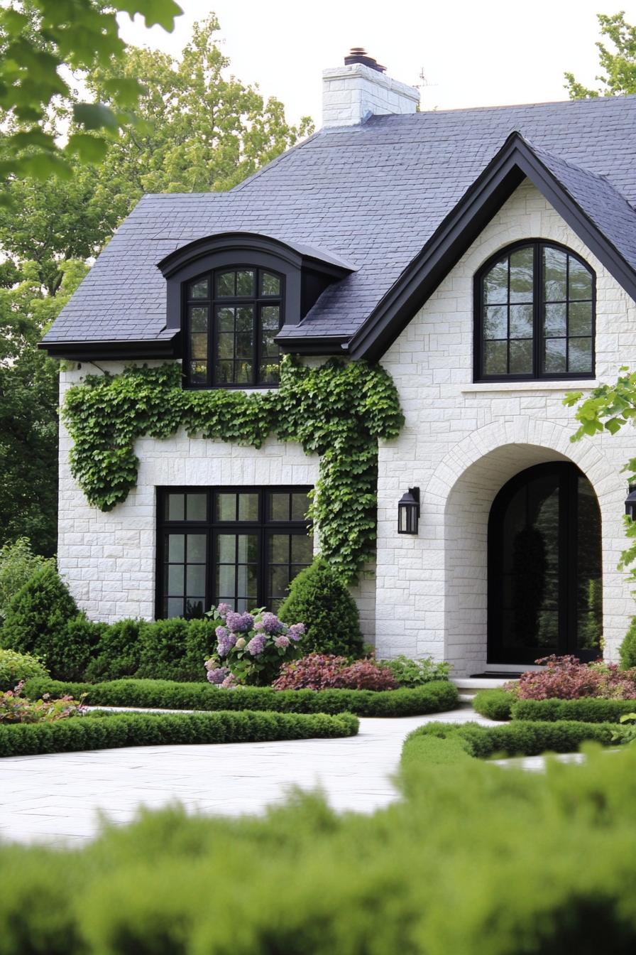 A cozy stone house with lush greenery