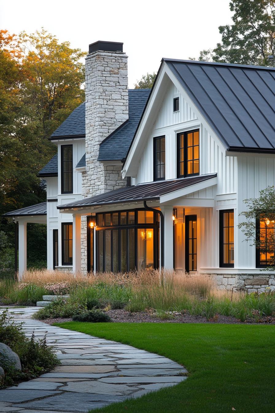 Modern farmhouse with stone chimney and lit windows