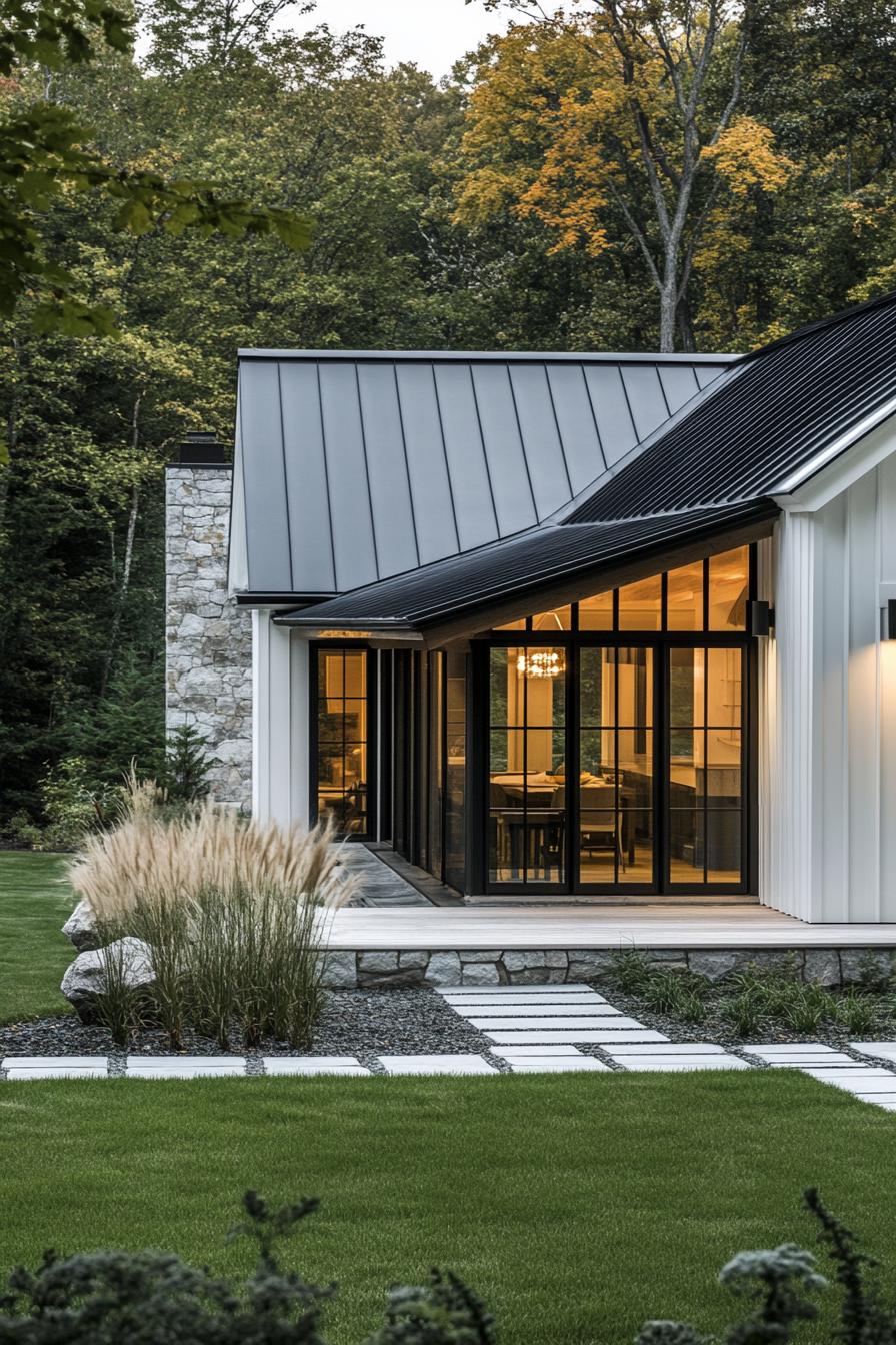 Modern farmhouse with metal roof and large windows