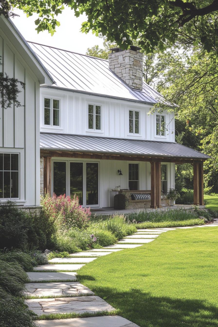 Beautiful white wooden farmhouse with a porch and stone chimney