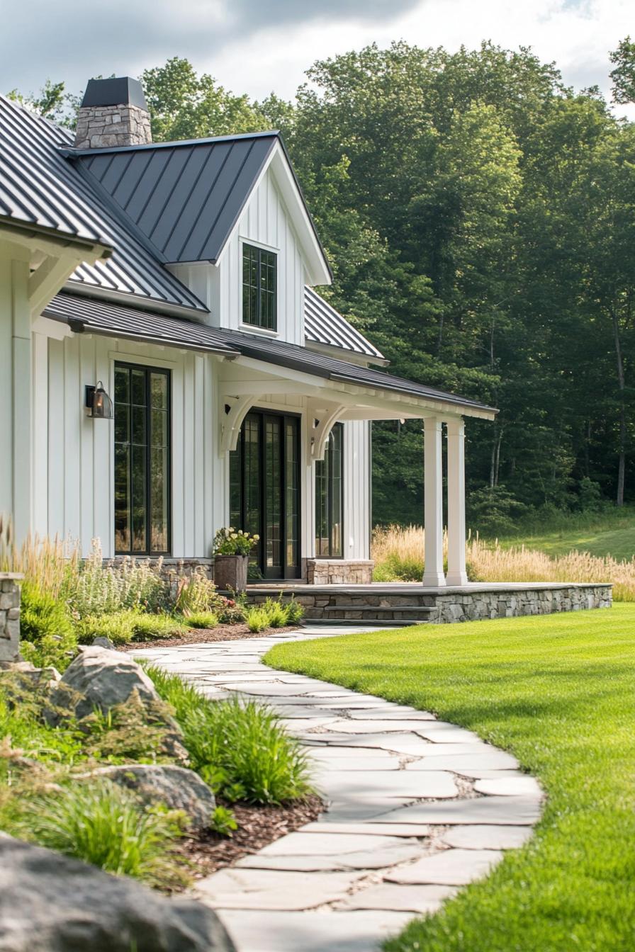 Modern farmhouse with a stone pathway