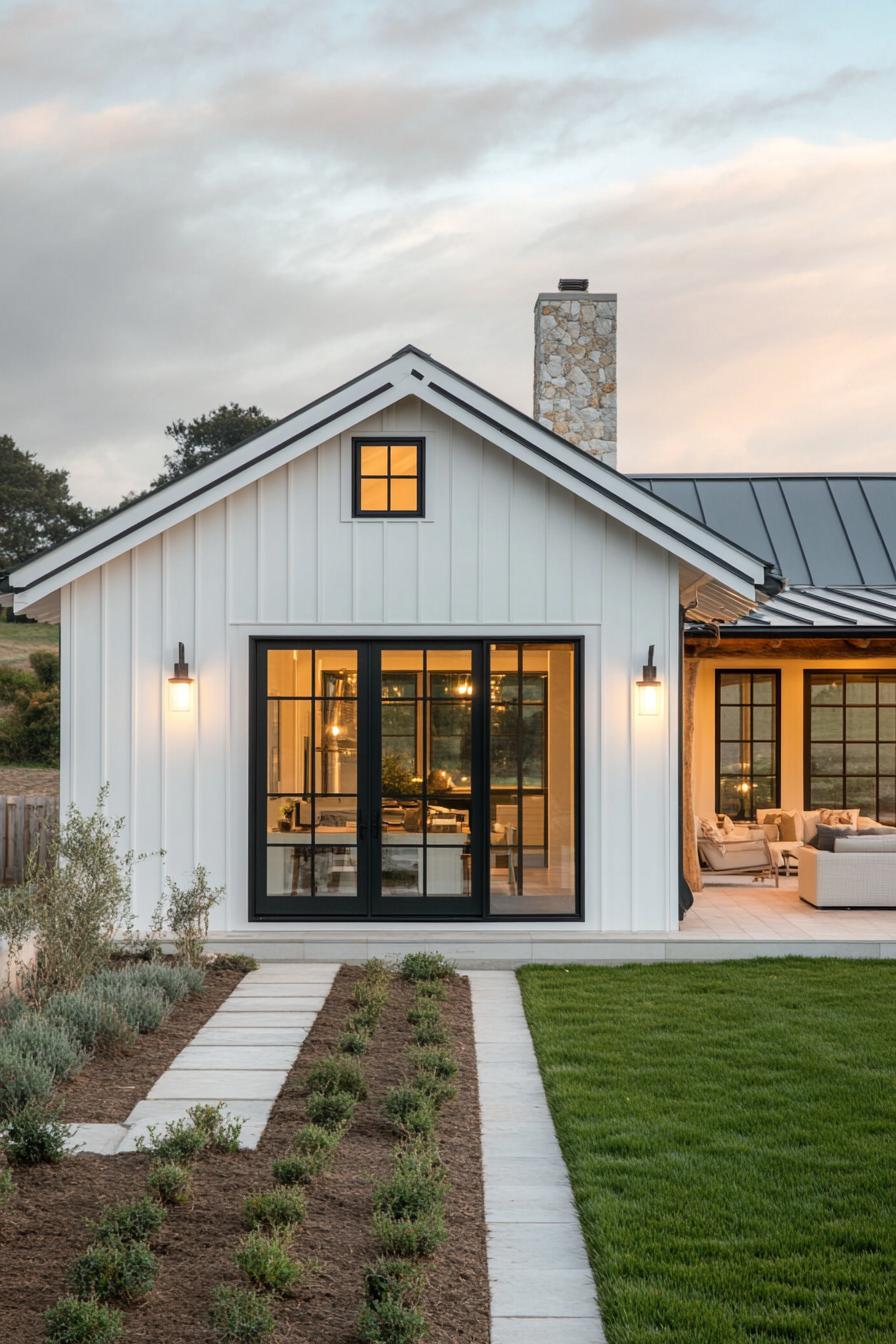 Charming white farmhouse with modern windows and a stone chimney