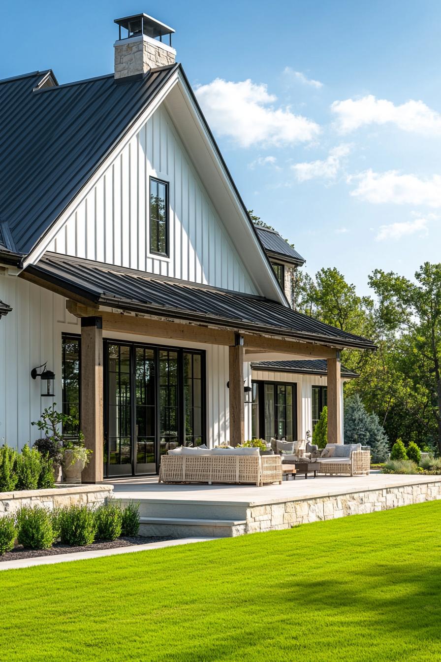 Modern farmhouse with black metal roof and cozy porch