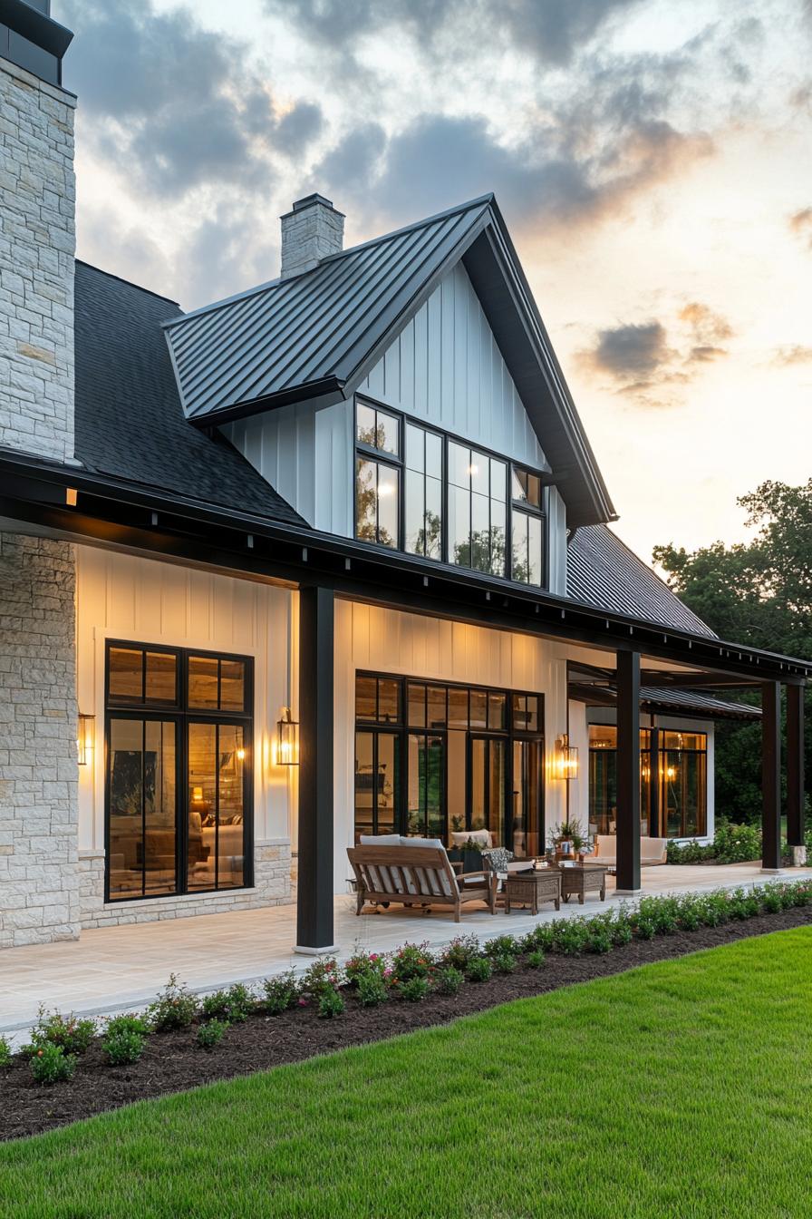 Modern farmhouse with sleek design at sunset