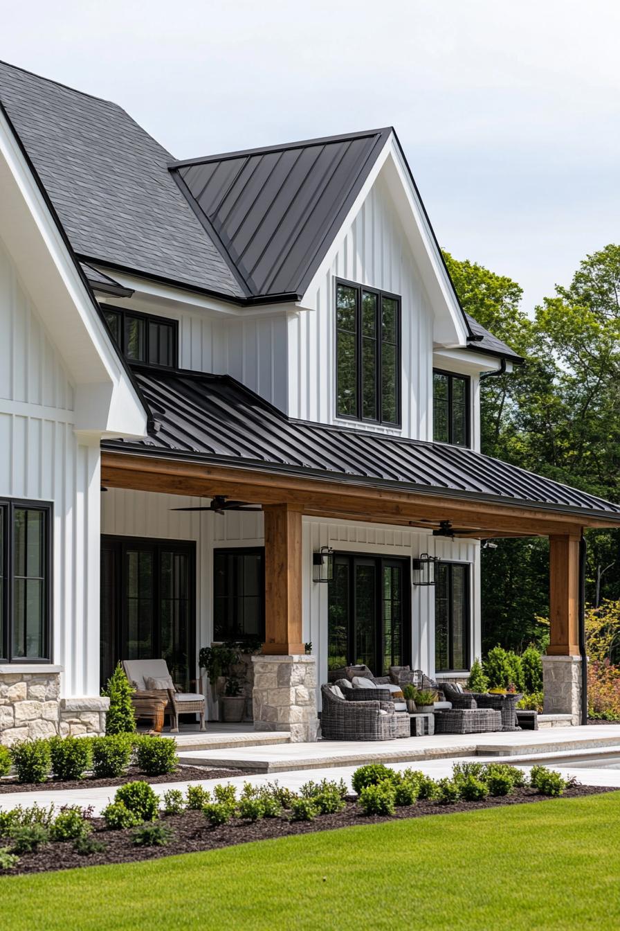 Stylish white farmhouse with a sleek black roof, nestled among trees