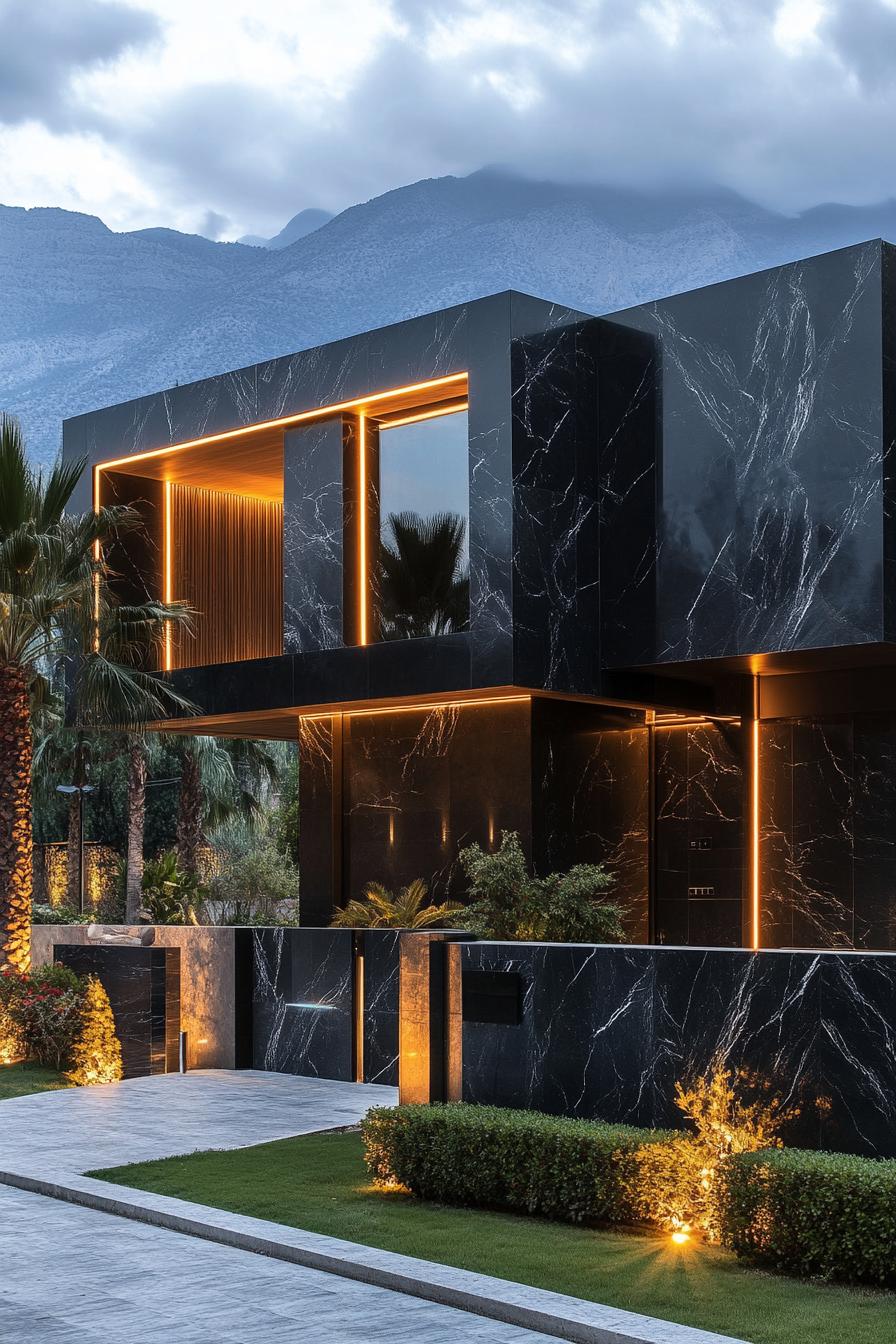 Modern black marble house with warm lighting against mountain backdrop