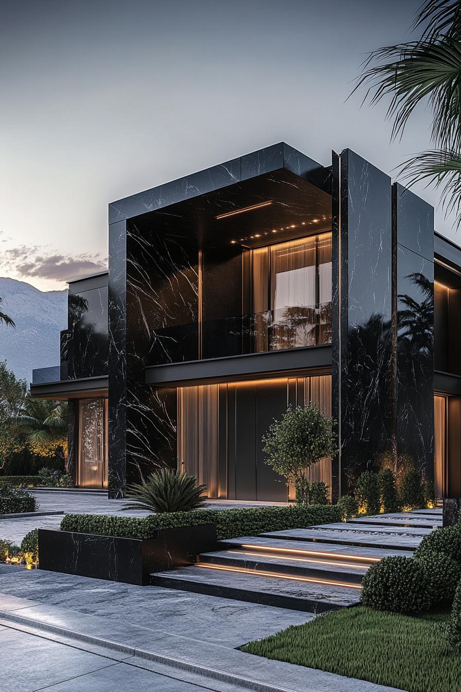 Modern house with dark marble facade and ambient lighting