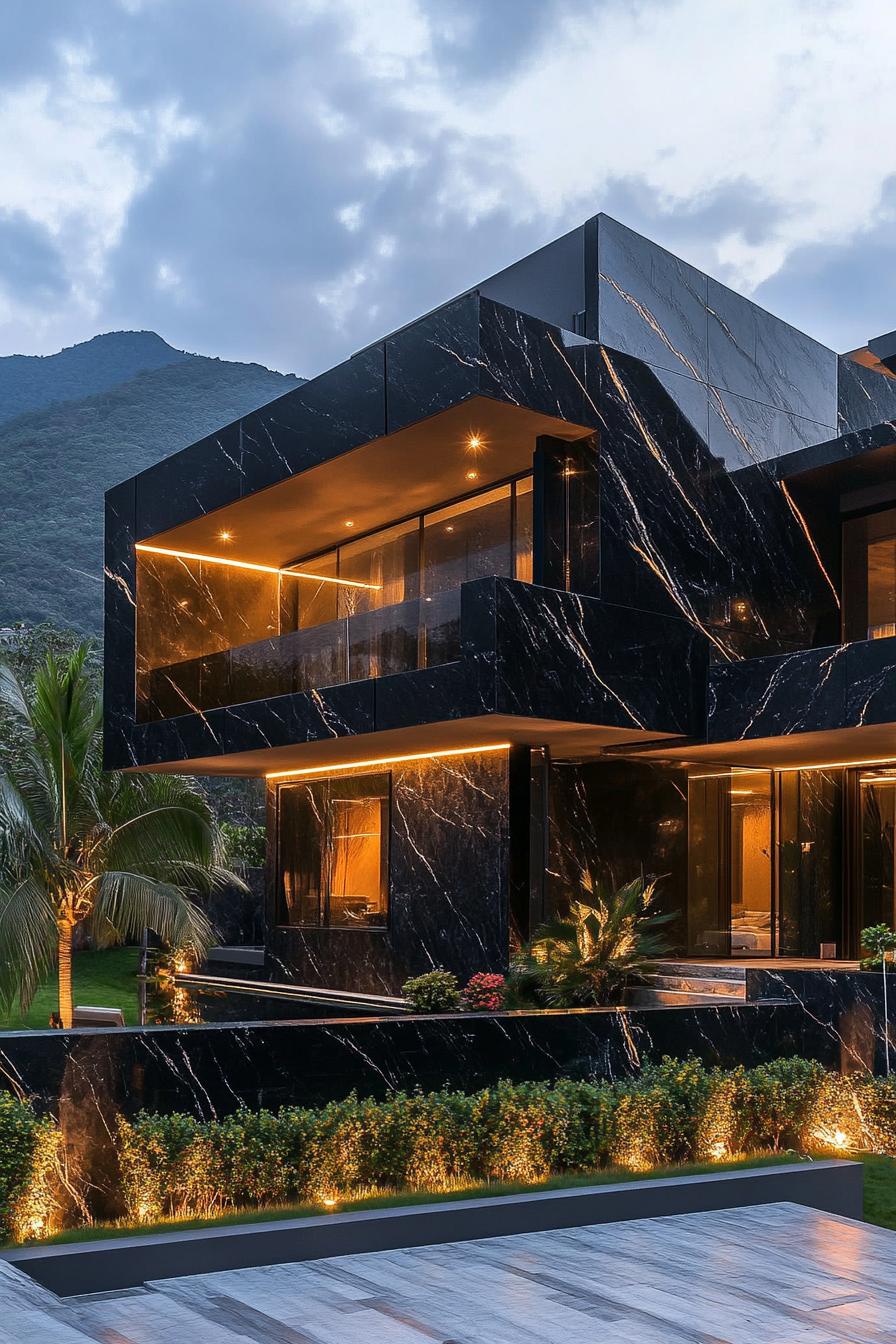 Sleek modern house with dark marble exterior and glowing accents