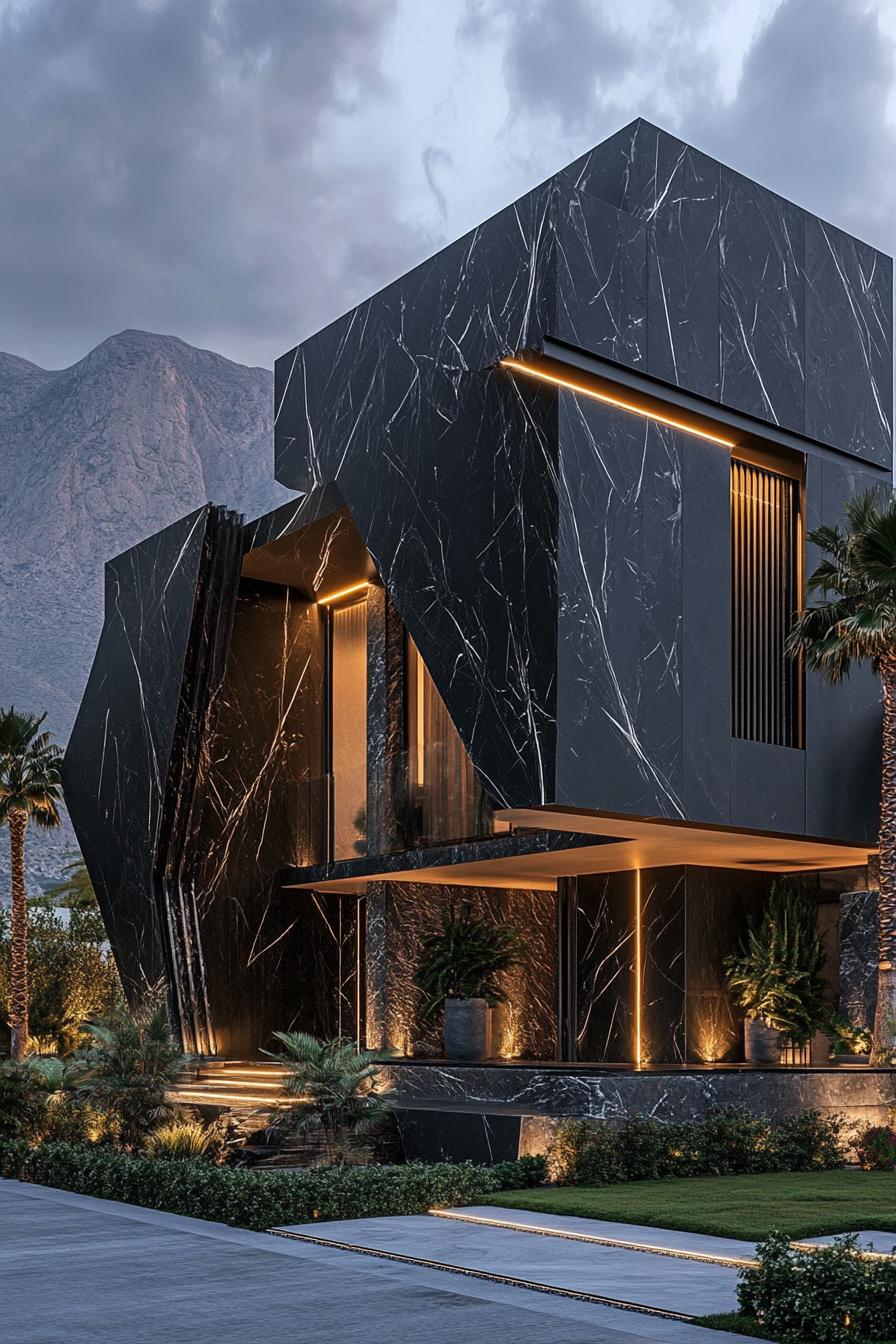 Modern black marble house with atmospheric lighting and palm trees