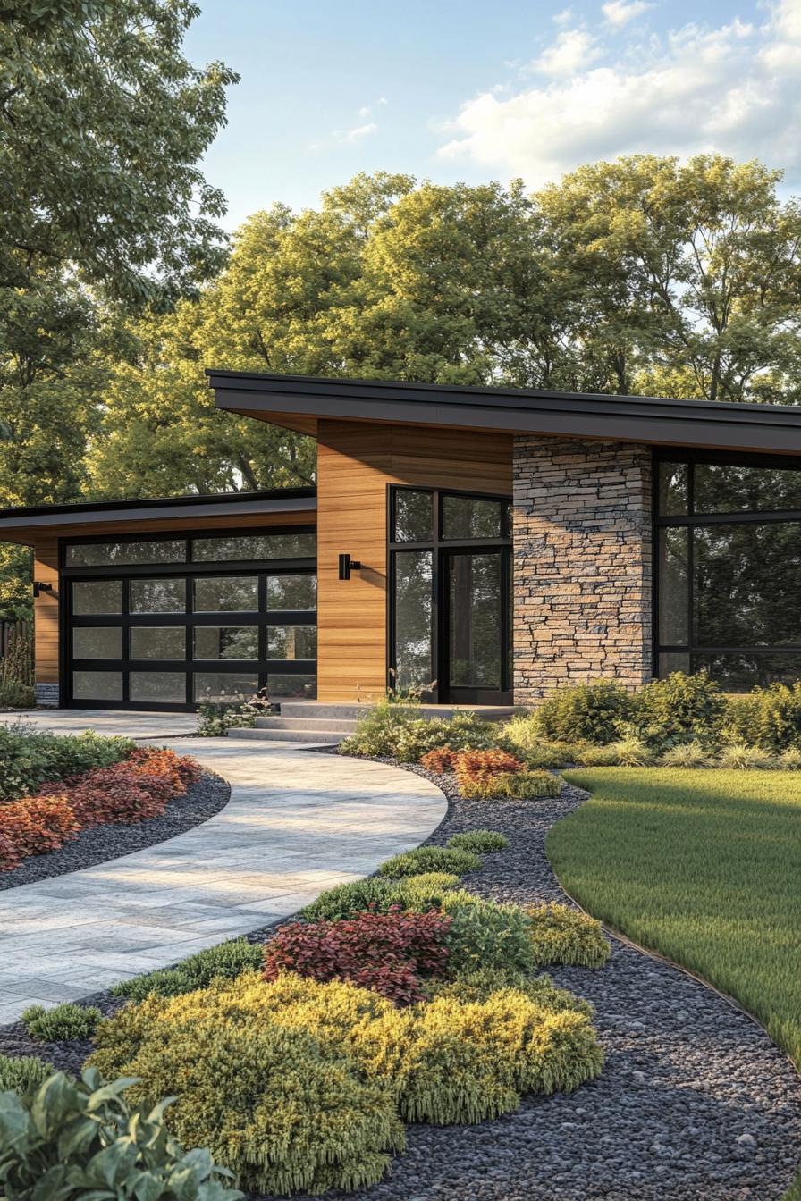 Modern home with wood and stone facade, surrounded by lush garden