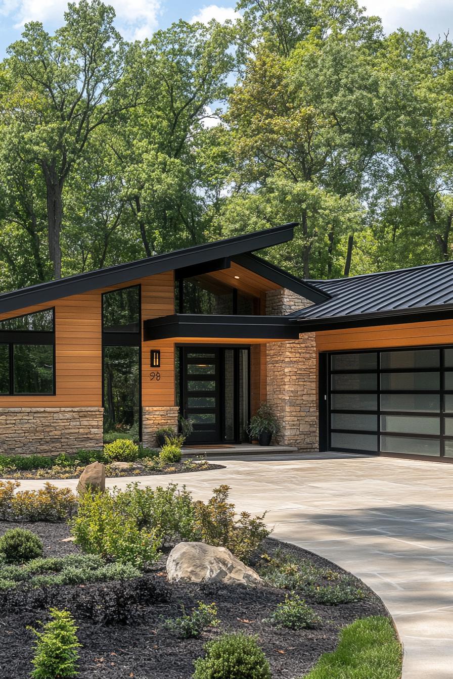 Contemporary house with stone and wood facade, nestled among trees