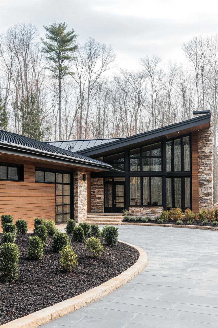 Modern home with slanted roof and large windows, nestled in forest