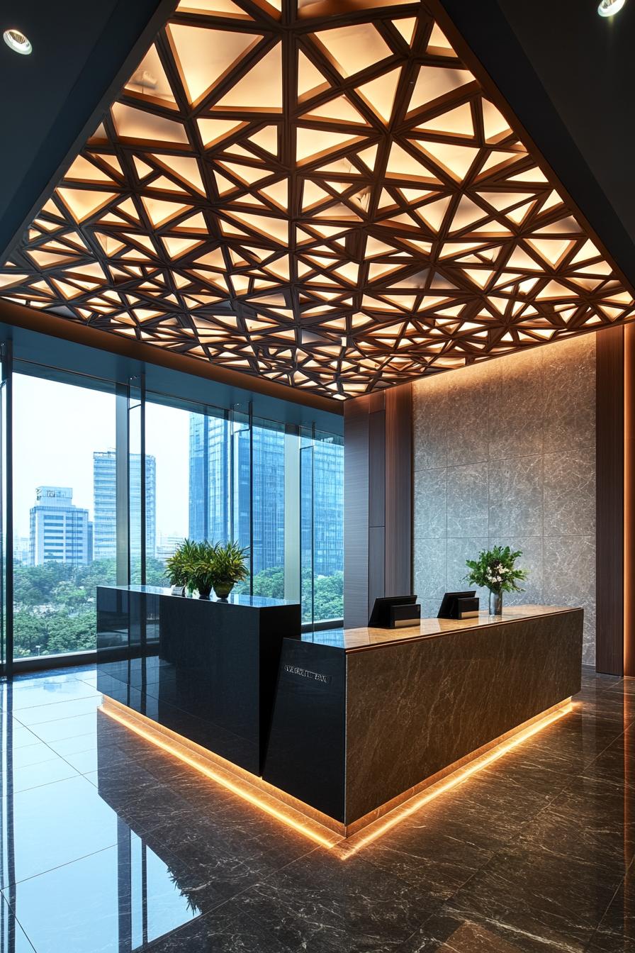 Modern lobby with intricate ceiling and marble details