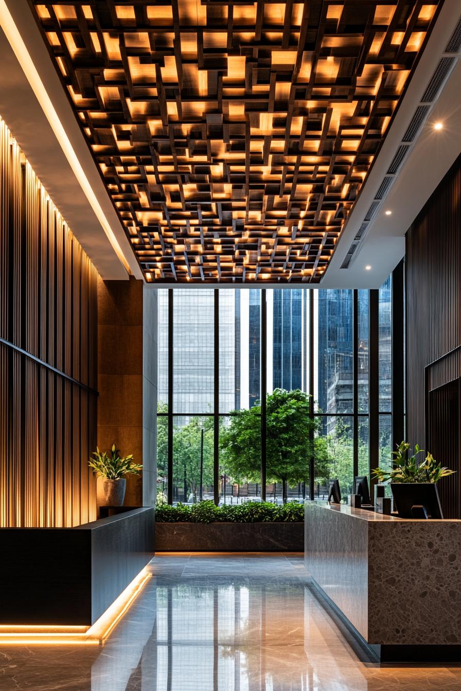 Lobby with geometric ceiling and large windows