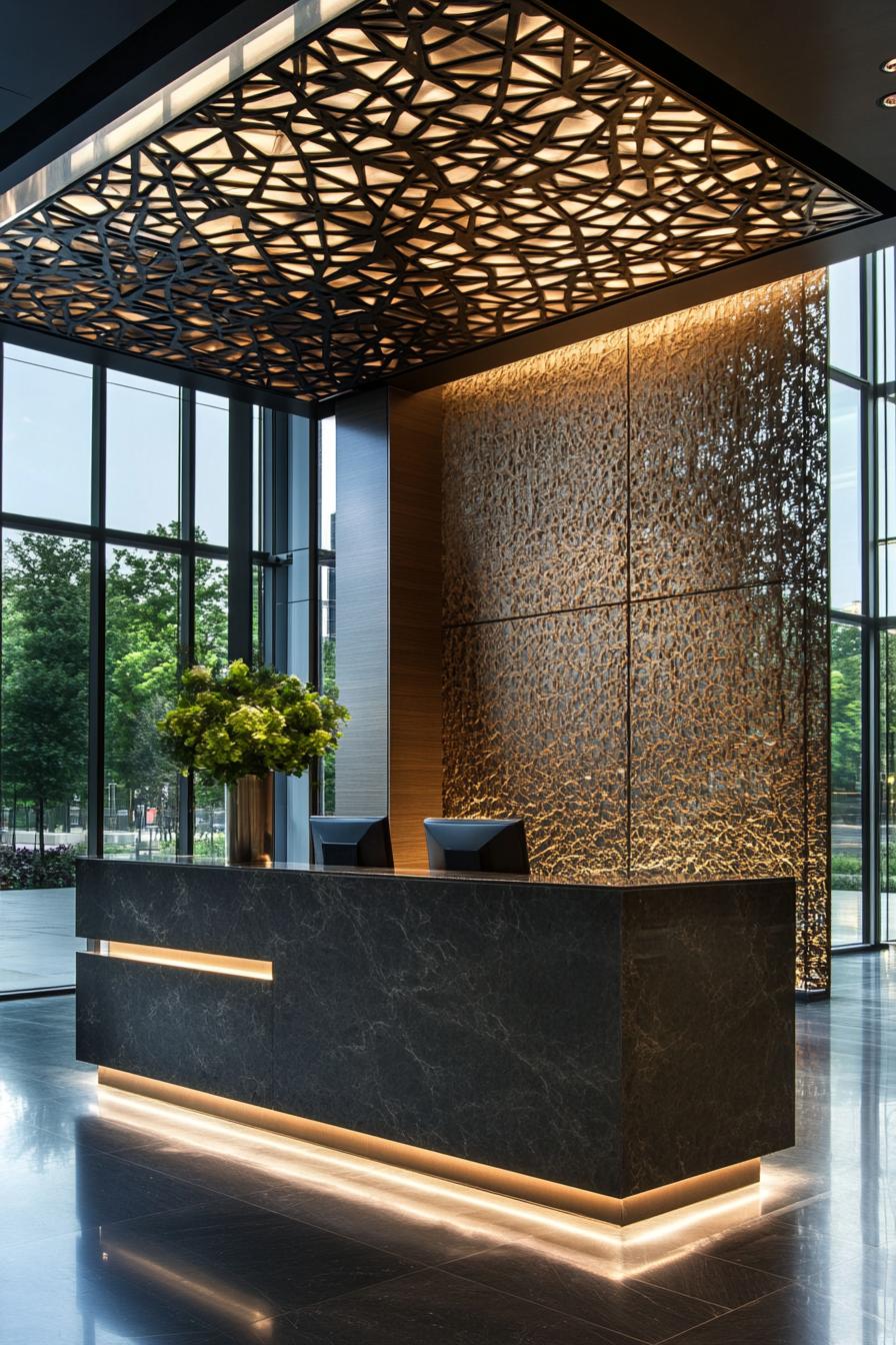 Lobby with intricate ceiling design and sleek counter