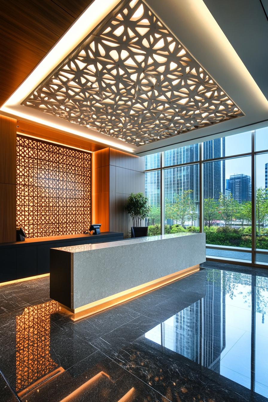 Lobby with geometric ceiling and modern decor