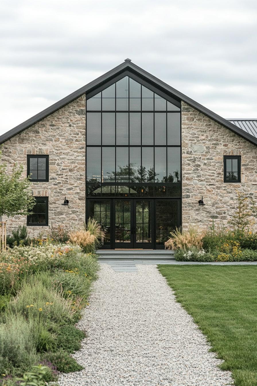 Contemporary stone barn with a glass facade