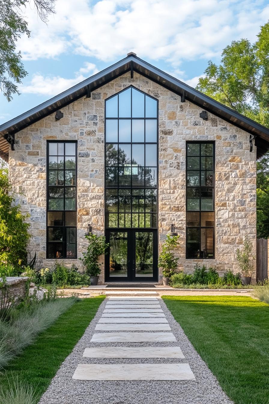 Modern stone barn with large windows