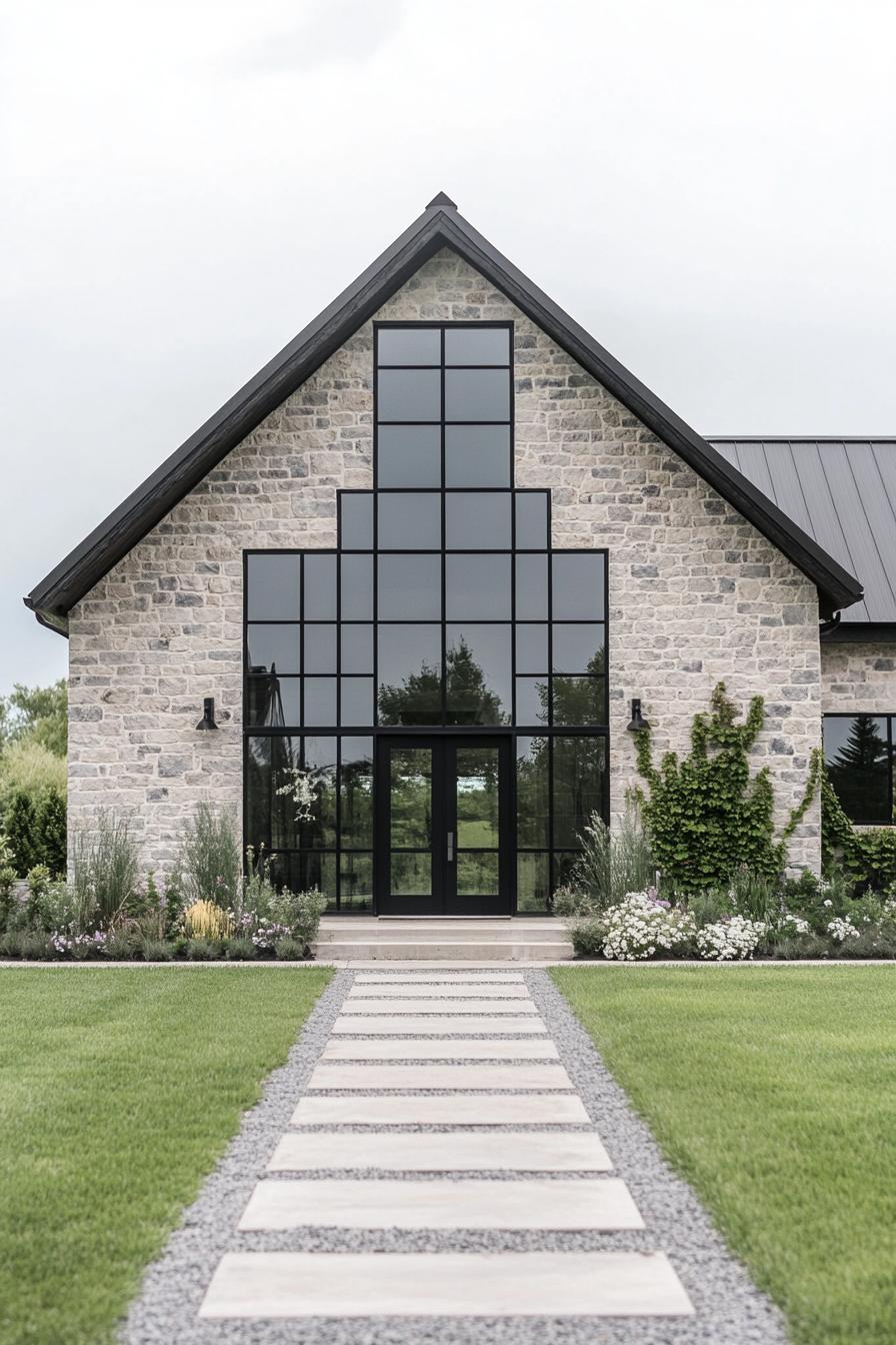 Modern stone barn with large windows and manicured lawn