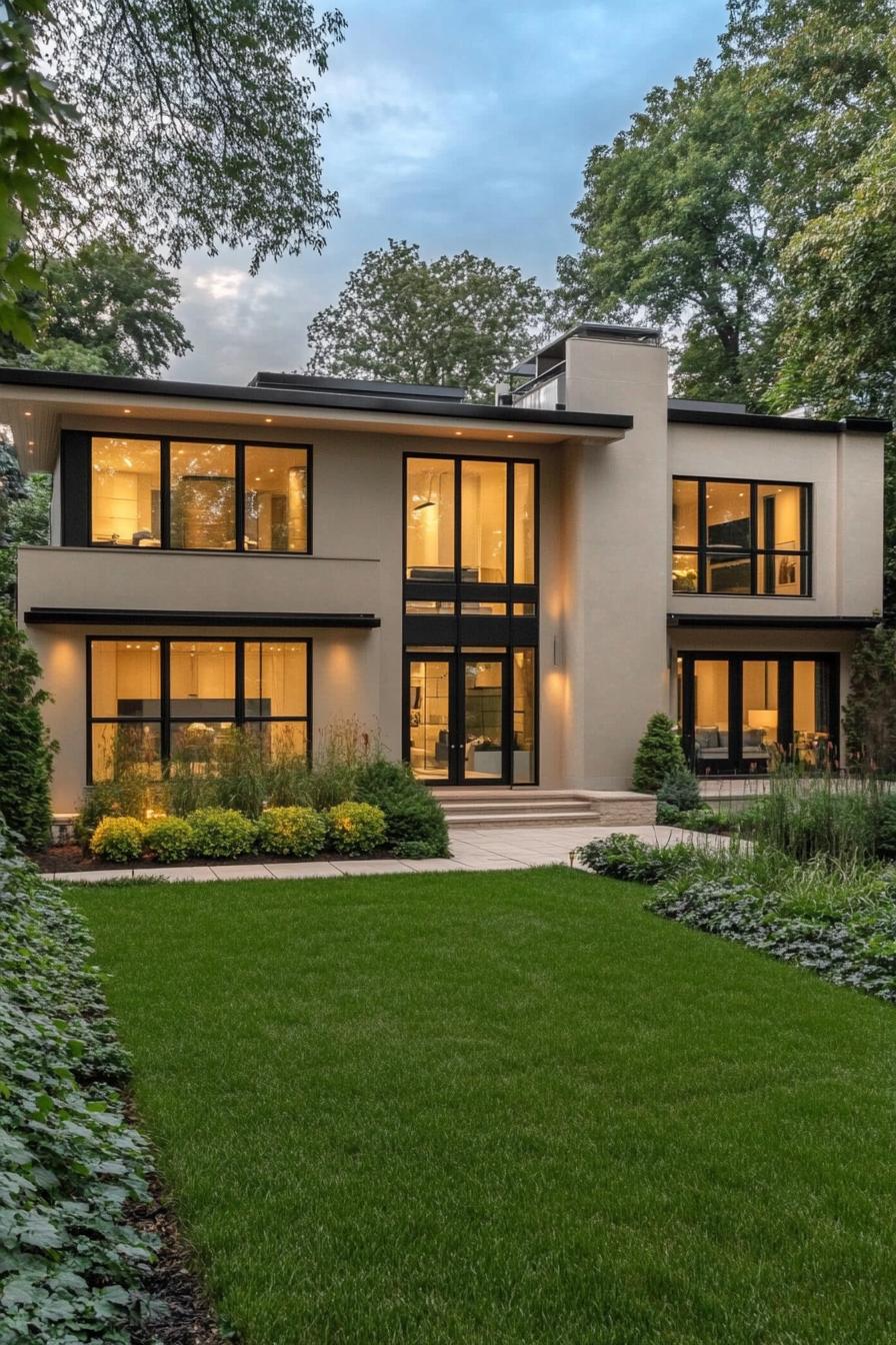 Contemporary house with large windows and lush lawn