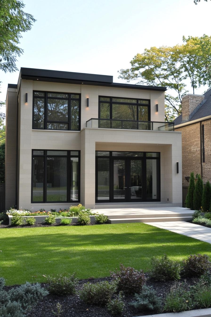 Contemporary house with large windows and neat landscaping