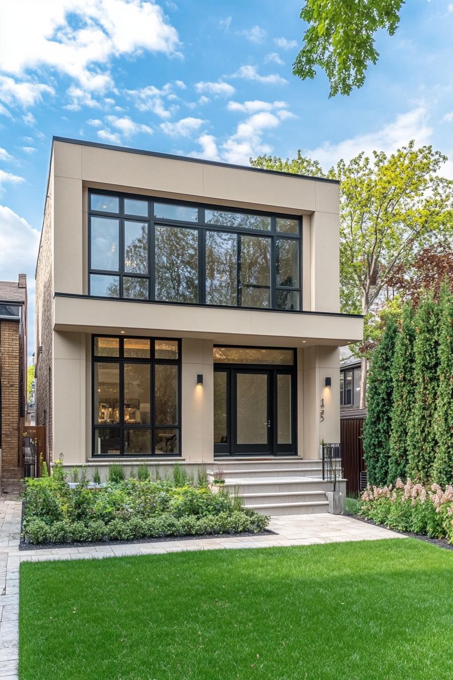 Modern two-story villa with large windows and a manicured lawn