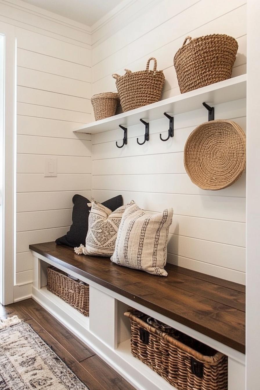 Cozy mudroom with wooden seating and wicker baskets