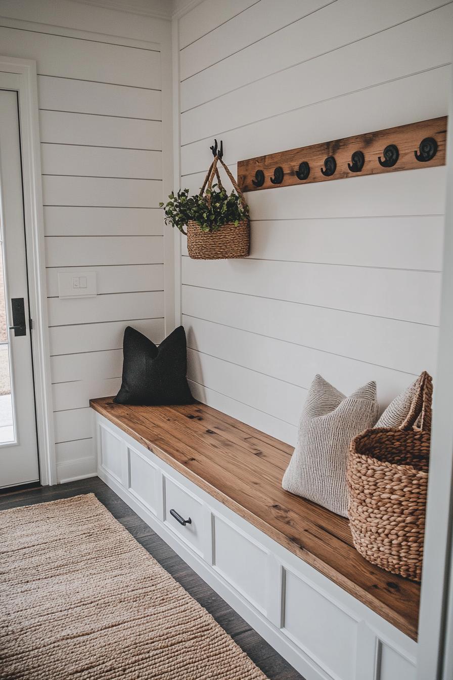 Cozy mudroom bench with baskets and pillows