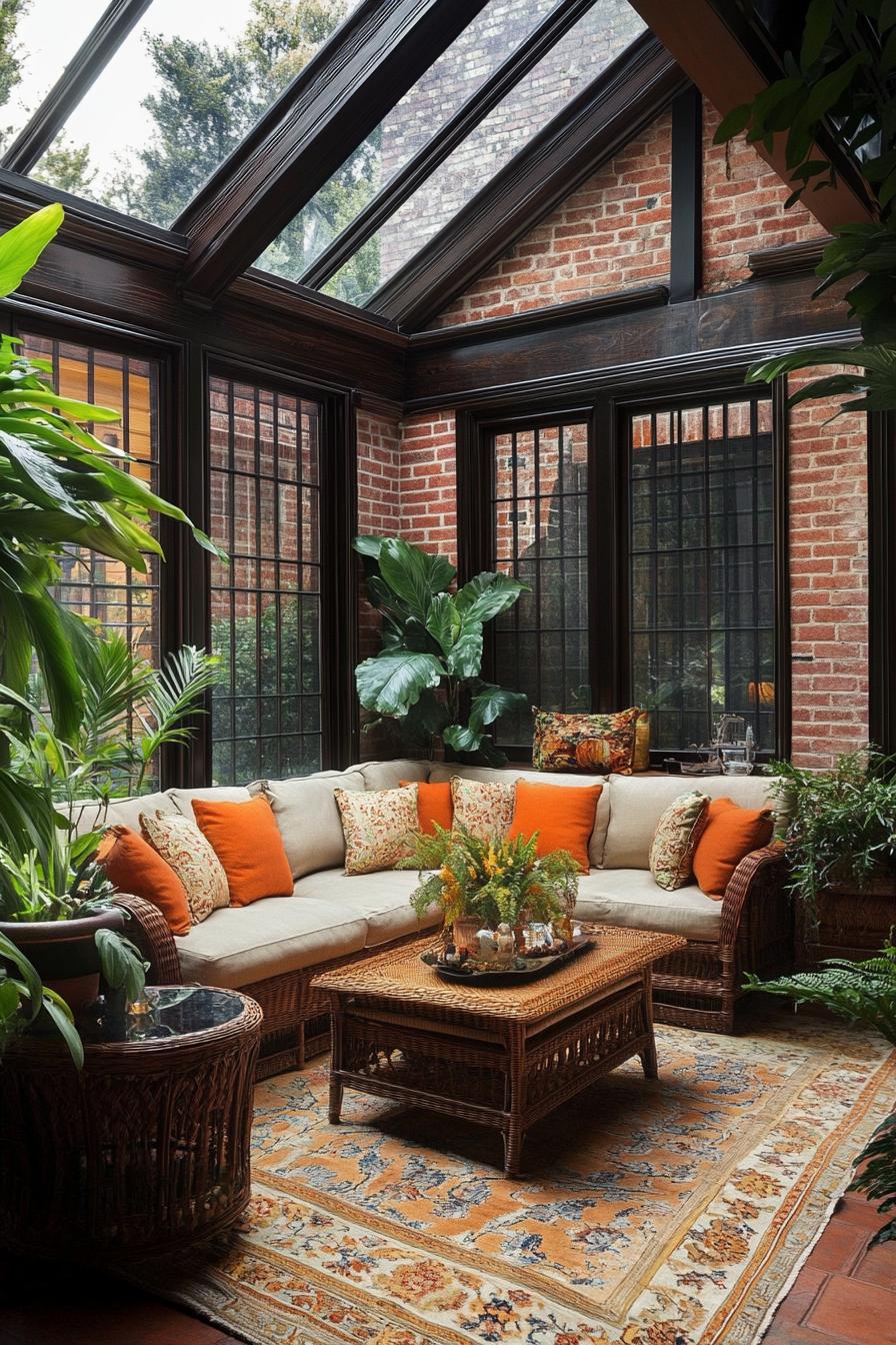 Cozy sunlit patio with brick walls and lush greenery